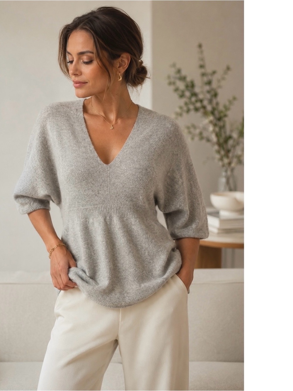 Kenar 100% Cashmere V-Neck Sweater Heather Light Grey Size Medium